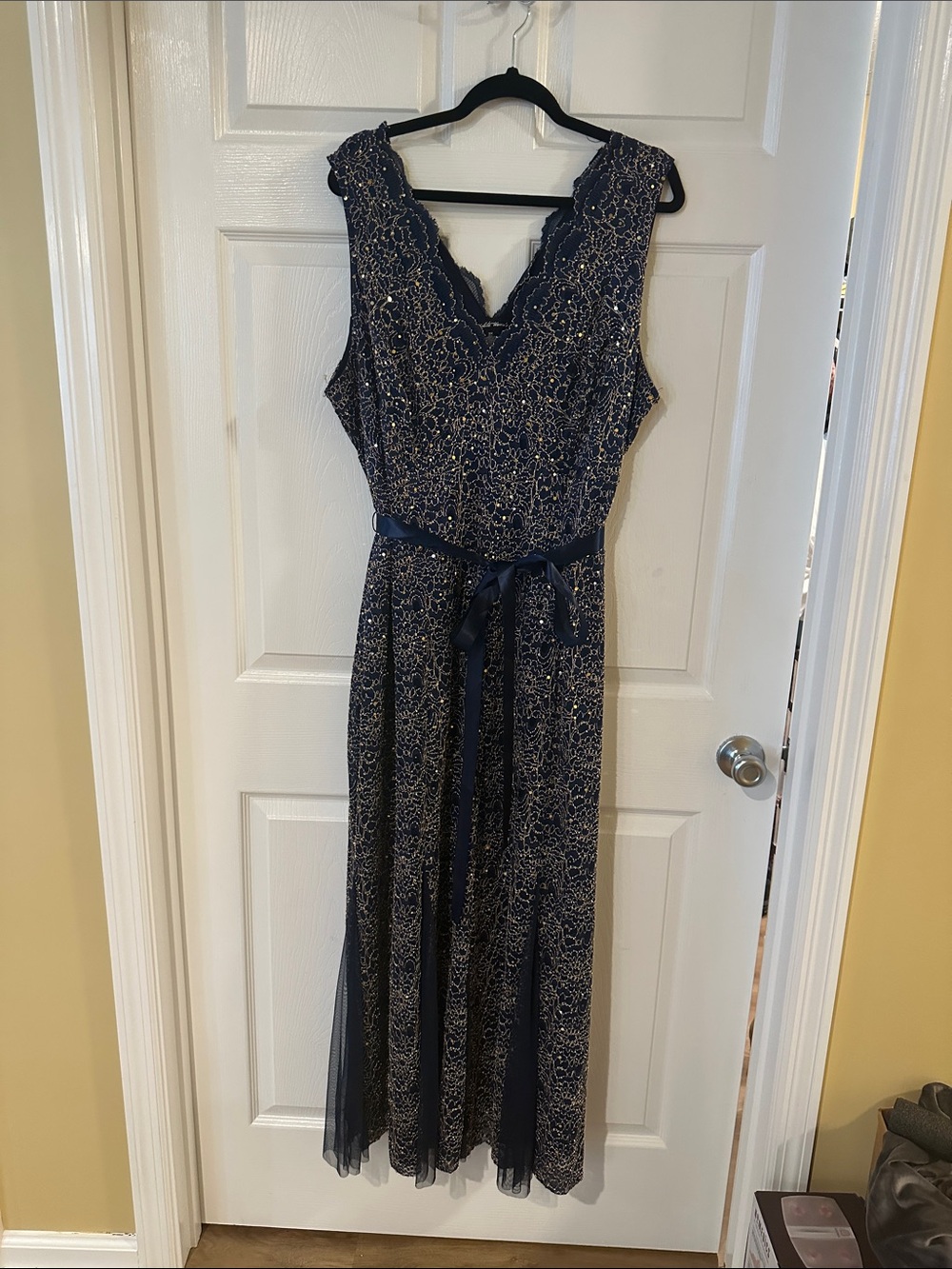 Navy Evening Dress with Gold Beaded Lace and Satin Waist Tie